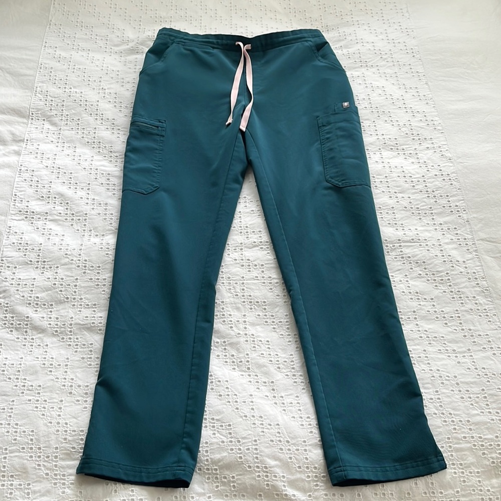 Figs Caribbean blue Scrub Pants with Pink Drawstring
